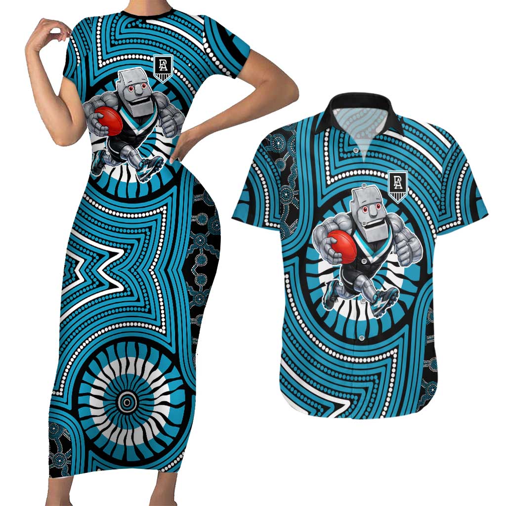 Port Adelaide Football Club Couples Matching Short Sleeve Bodycon Dress and Hawaiian Shirt Indigenous Monochrome Dot Art Mascot Style