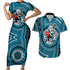 Port Adelaide Football Club Couples Matching Short Sleeve Bodycon Dress and Hawaiian Shirt Indigenous Monochrome Dot Art Mascot Style