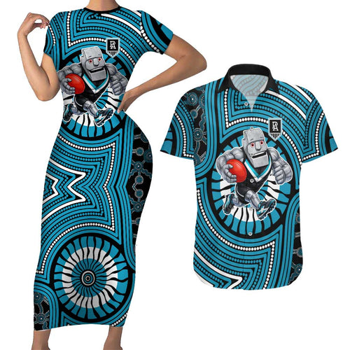 Port Adelaide Football Club Couples Matching Short Sleeve Bodycon Dress and Hawaiian Shirt Indigenous Monochrome Dot Art Mascot Style