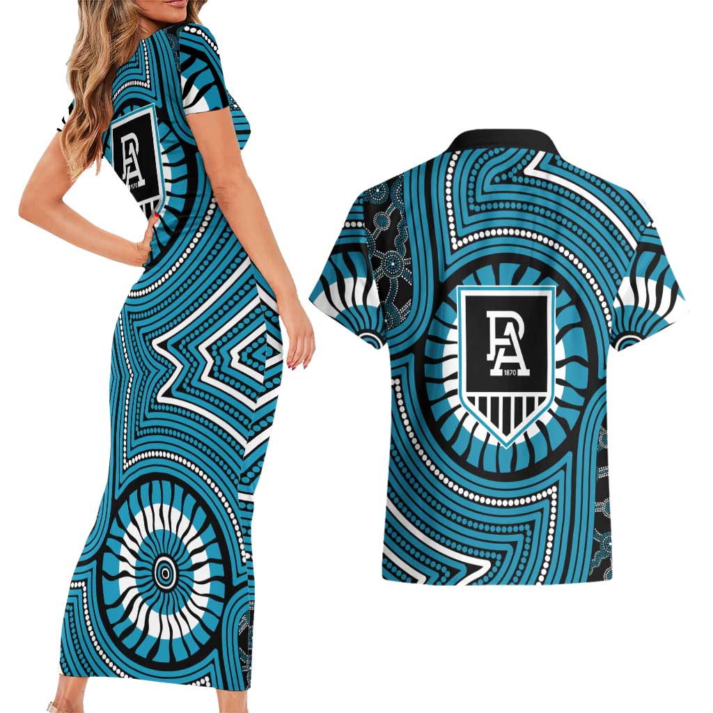 Port Adelaide Football Club Couples Matching Short Sleeve Bodycon Dress and Hawaiian Shirt Indigenous Monochrome Dot Art Mascot Style