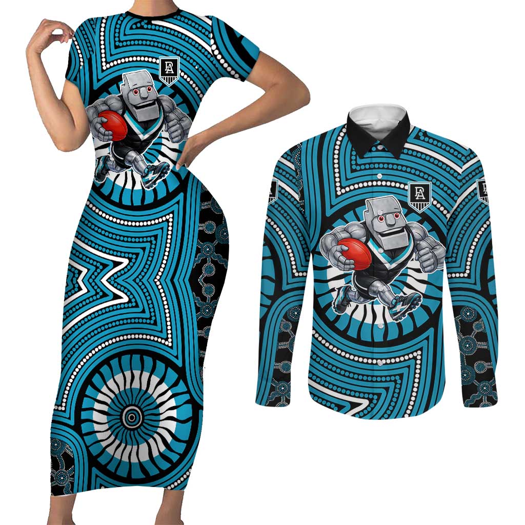 Port Adelaide Football Club Couples Matching Short Sleeve Bodycon Dress and Long Sleeve Button Shirt Indigenous Monochrome Dot Art Mascot Style