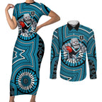 Port Adelaide Football Club Couples Matching Short Sleeve Bodycon Dress and Long Sleeve Button Shirt Indigenous Monochrome Dot Art Mascot Style