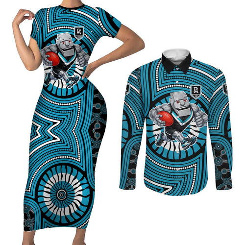 Port Adelaide Football Club Couples Matching Short Sleeve Bodycon Dress and Long Sleeve Button Shirt Indigenous Monochrome Dot Art Mascot Style