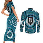 Port Adelaide Football Club Couples Matching Short Sleeve Bodycon Dress and Long Sleeve Button Shirt Indigenous Monochrome Dot Art Mascot Style