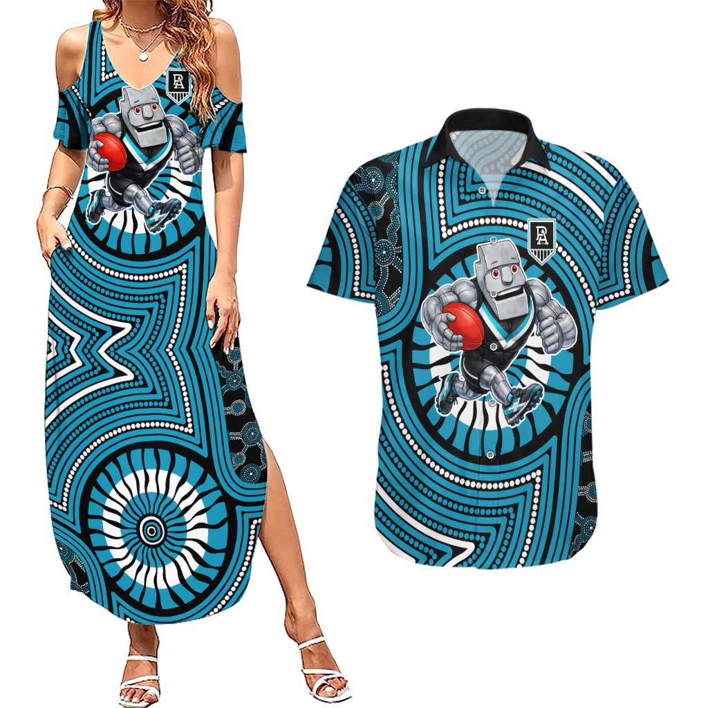 Port Adelaide Football Club Couples Matching Summer Maxi Dress and Hawaiian Shirt Indigenous Monochrome Dot Art Mascot Style