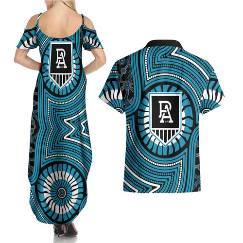 Port Adelaide Football Club Couples Matching Summer Maxi Dress and Hawaiian Shirt Indigenous Monochrome Dot Art Mascot Style