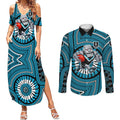 Port Adelaide Football Club Couples Matching Summer Maxi Dress and Long Sleeve Button Shirt Indigenous Monochrome Dot Art Mascot Style