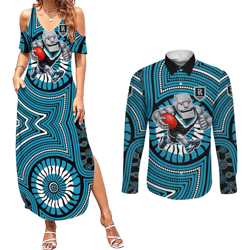 Port Adelaide Football Club Couples Matching Summer Maxi Dress and Long Sleeve Button Shirt Indigenous Monochrome Dot Art Mascot Style
