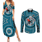 Port Adelaide Football Club Couples Matching Summer Maxi Dress and Long Sleeve Button Shirt Indigenous Monochrome Dot Art Mascot Style