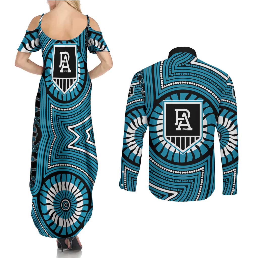 Port Adelaide Football Club Couples Matching Summer Maxi Dress and Long Sleeve Button Shirt Indigenous Monochrome Dot Art Mascot Style