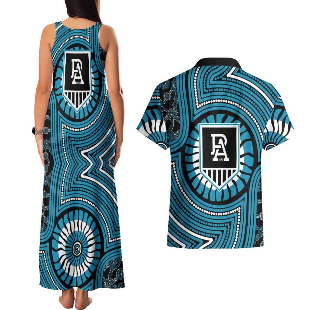 Port Adelaide Football Club Couples Matching Tank Maxi Dress and Hawaiian Shirt Indigenous Monochrome Dot Art Mascot Style