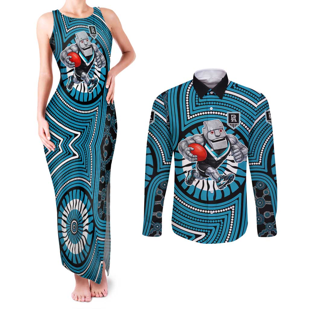 Port Adelaide Football Club Couples Matching Tank Maxi Dress and Long Sleeve Button Shirt Indigenous Monochrome Dot Art Mascot Style