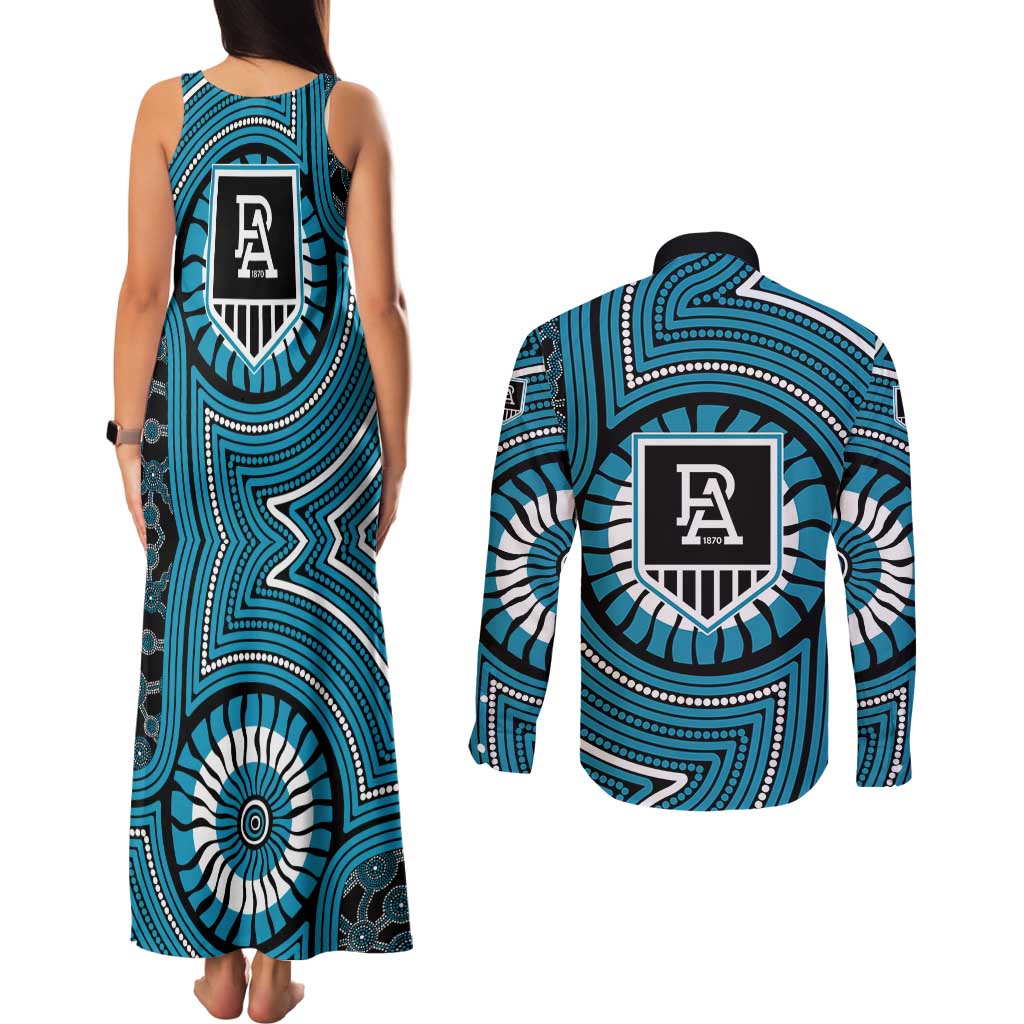Port Adelaide Football Club Couples Matching Tank Maxi Dress and Long Sleeve Button Shirt Indigenous Monochrome Dot Art Mascot Style