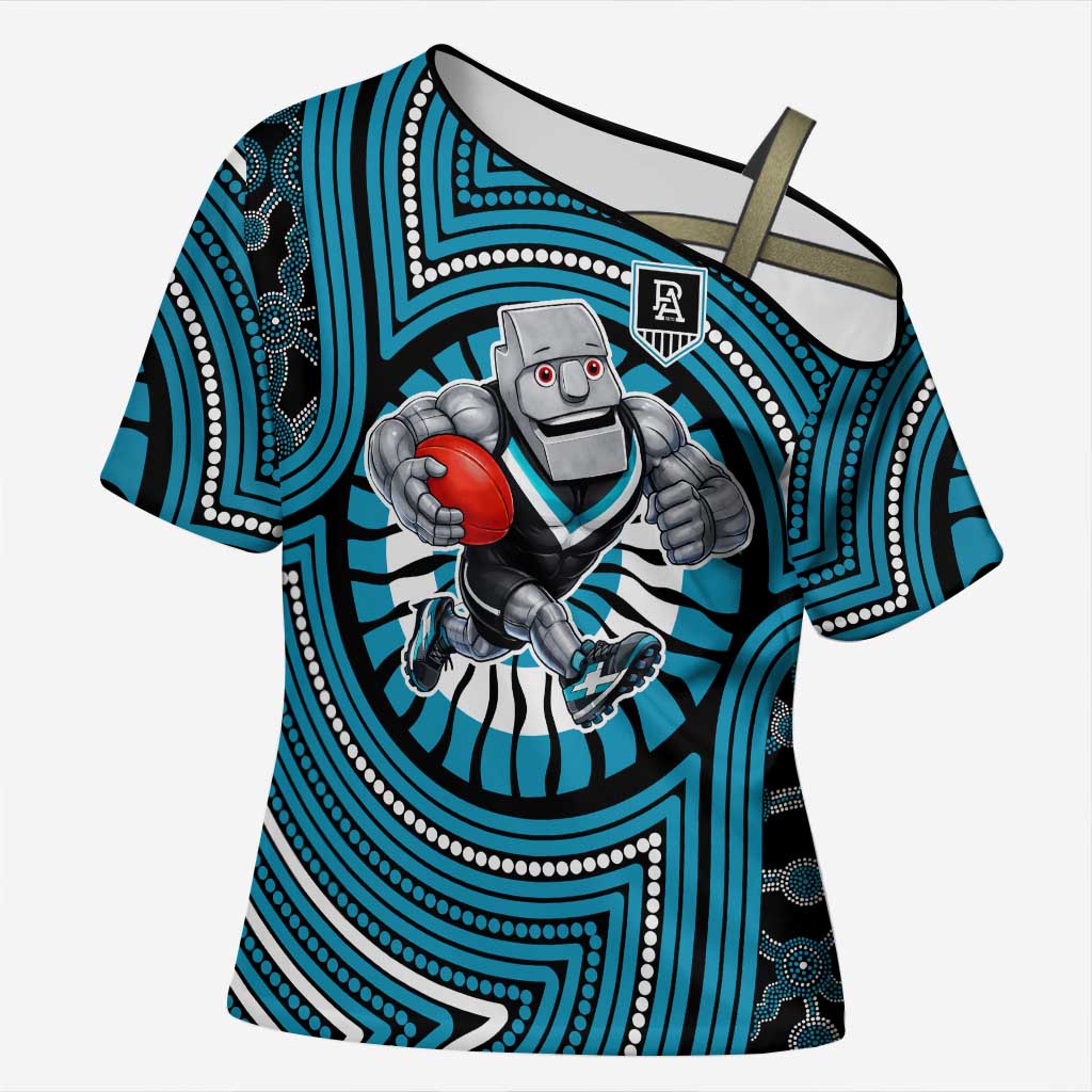 Port Adelaide Football Club Cross Shoulder Shirt Indigenous Monochrome Dot Art Mascot Style
