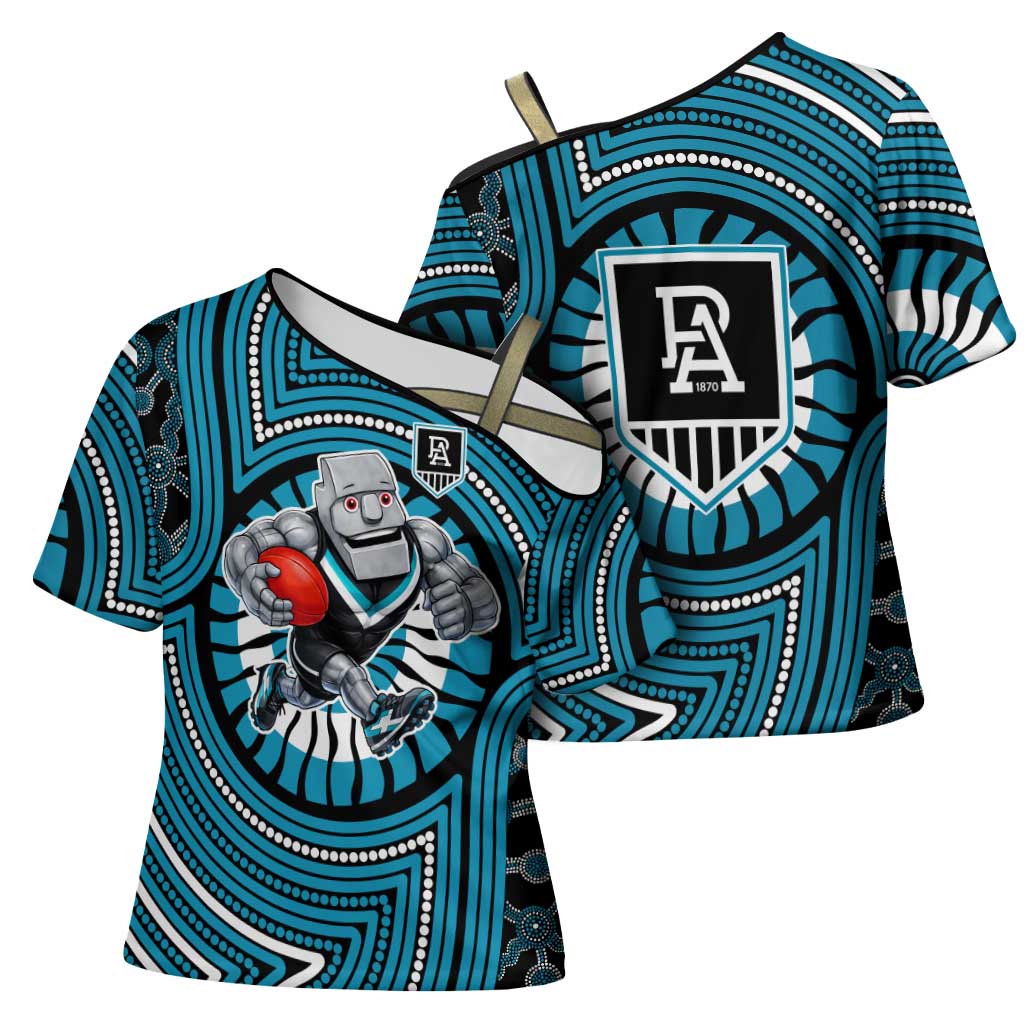 Port Adelaide Football Club Cross Shoulder Shirt Indigenous Monochrome Dot Art Mascot Style