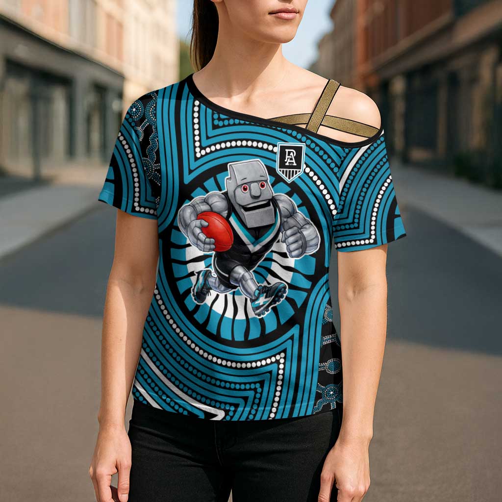 Port Adelaide Football Club Cross Shoulder Shirt Indigenous Monochrome Dot Art Mascot Style