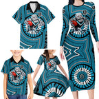 Port Adelaide Football Club Family Matching Long Sleeve Bodycon Dress and Hawaiian Shirt Indigenous Monochrome Dot Art Mascot Style