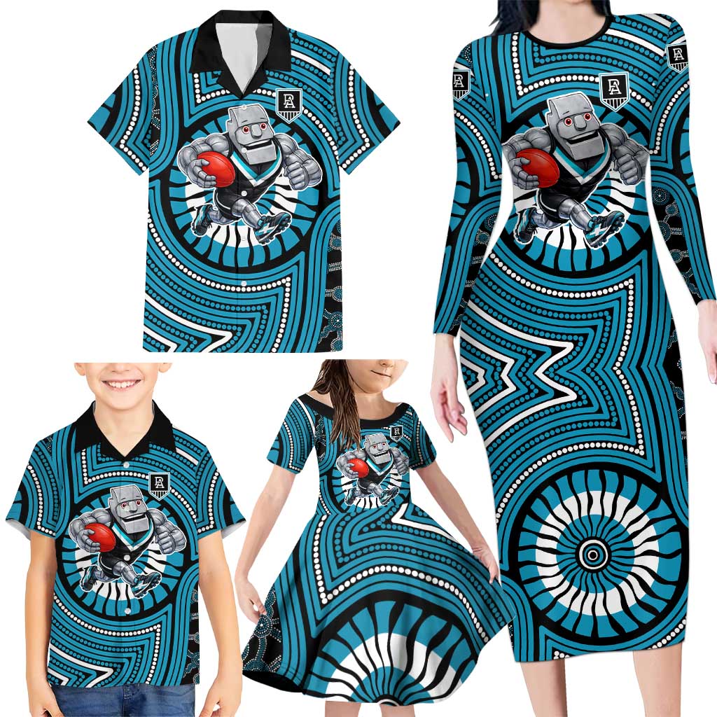 Port Adelaide Football Club Family Matching Long Sleeve Bodycon Dress and Hawaiian Shirt Indigenous Monochrome Dot Art Mascot Style