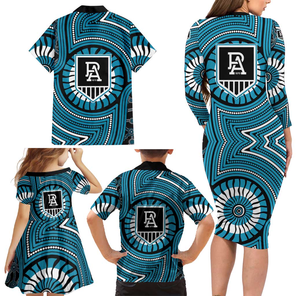 Port Adelaide Football Club Family Matching Long Sleeve Bodycon Dress and Hawaiian Shirt Indigenous Monochrome Dot Art Mascot Style