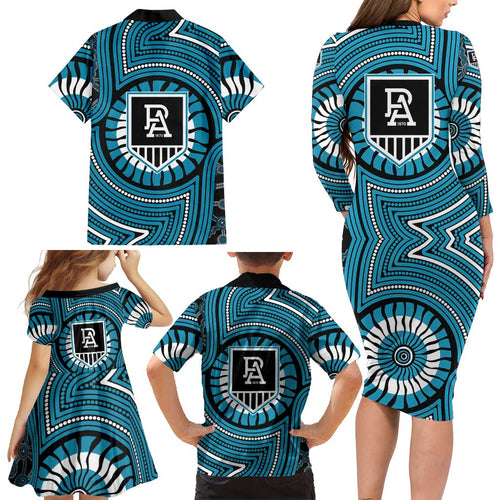 Port Adelaide Football Club Family Matching Long Sleeve Bodycon Dress and Hawaiian Shirt Indigenous Monochrome Dot Art Mascot Style