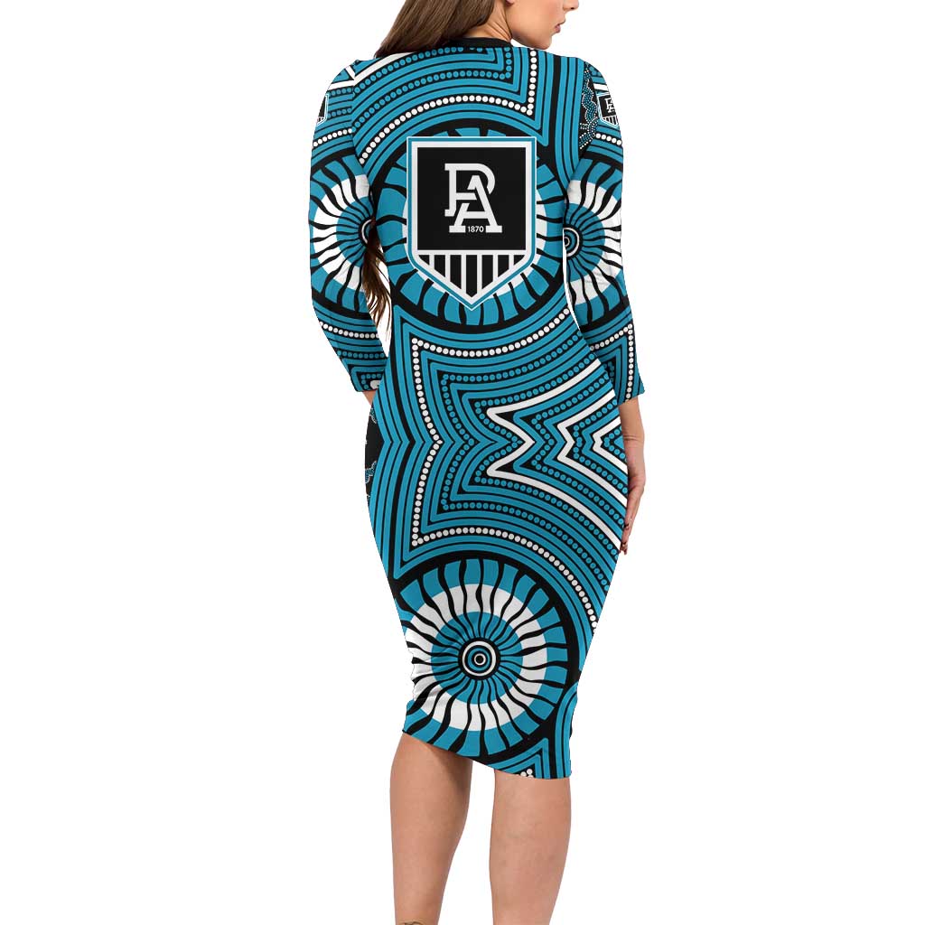 Port Adelaide Football Club Family Matching Long Sleeve Bodycon Dress and Hawaiian Shirt Indigenous Monochrome Dot Art Mascot Style
