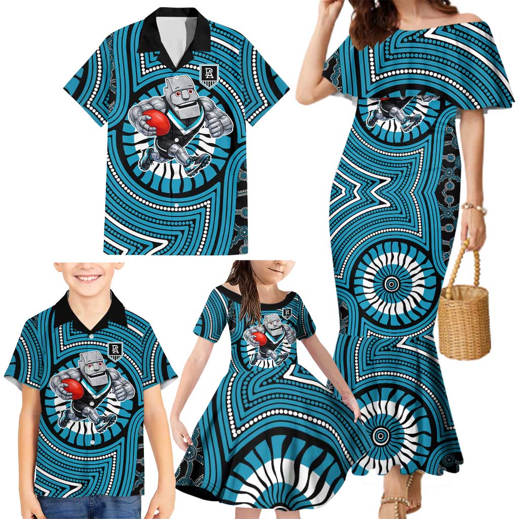 Port Adelaide Football Club Family Matching Mermaid Dress and Hawaiian Shirt Indigenous Monochrome Dot Art Mascot Style