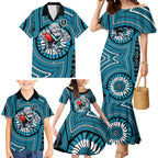 Port Adelaide Football Club Family Matching Mermaid Dress and Hawaiian Shirt Indigenous Monochrome Dot Art Mascot Style