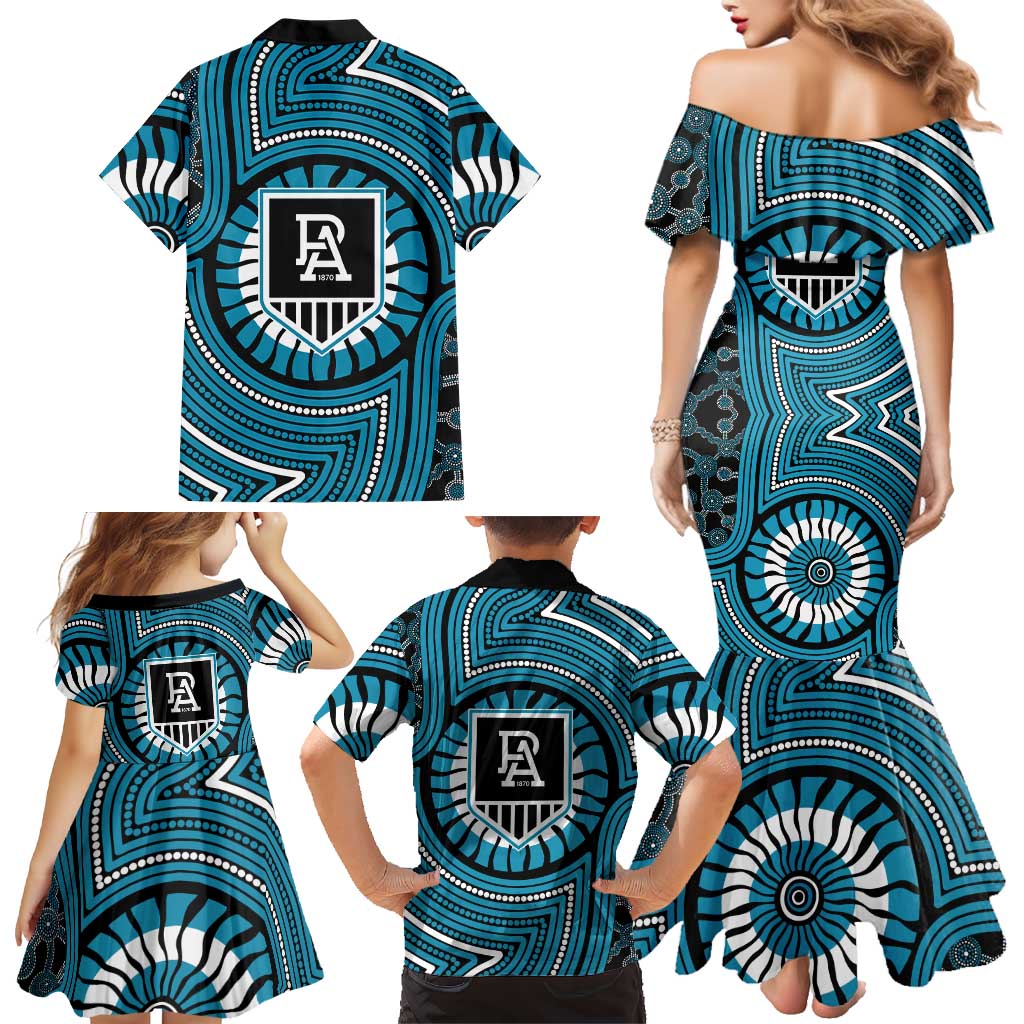 Port Adelaide Football Club Family Matching Mermaid Dress and Hawaiian Shirt Indigenous Monochrome Dot Art Mascot Style