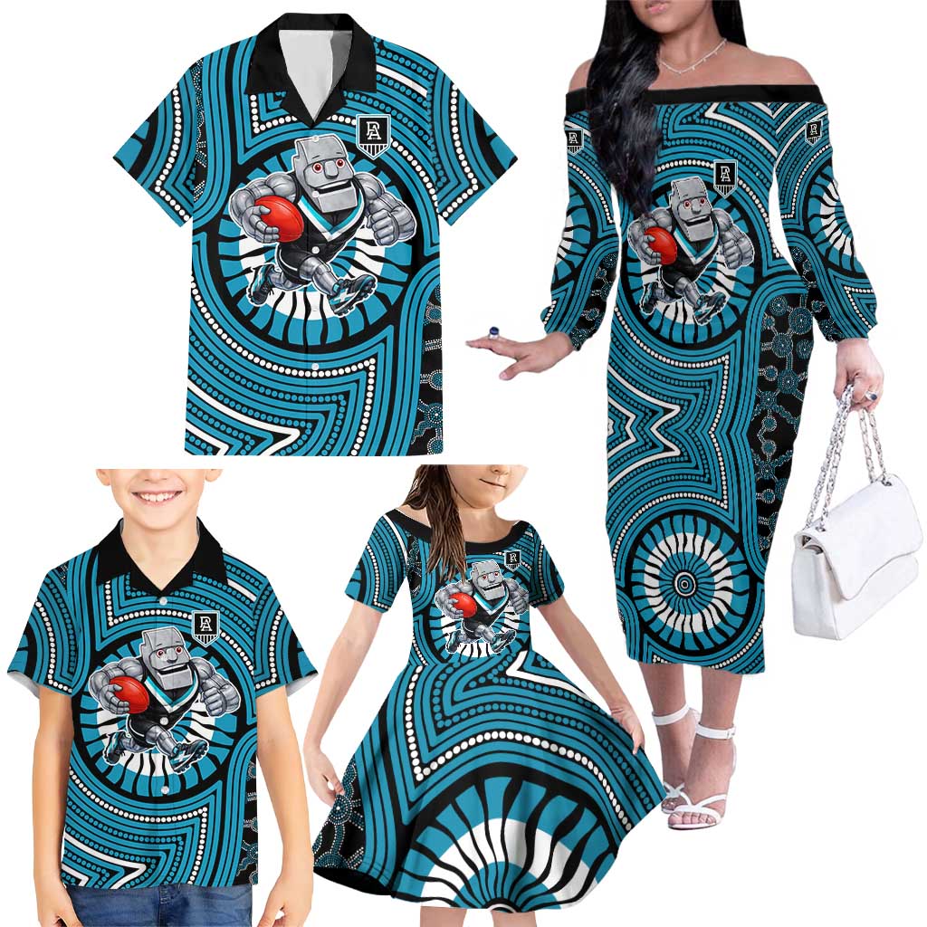 Port Adelaide Football Club Family Matching Off The Shoulder Long Sleeve Dress and Hawaiian Shirt Indigenous Monochrome Dot Art Mascot Style