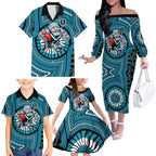 Port Adelaide Football Club Family Matching Off The Shoulder Long Sleeve Dress and Hawaiian Shirt Indigenous Monochrome Dot Art Mascot Style