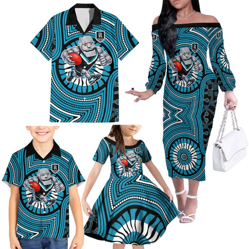 Port Adelaide Football Club Family Matching Off The Shoulder Long Sleeve Dress and Hawaiian Shirt Indigenous Monochrome Dot Art Mascot Style