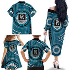 Port Adelaide Football Club Family Matching Off The Shoulder Long Sleeve Dress and Hawaiian Shirt Indigenous Monochrome Dot Art Mascot Style