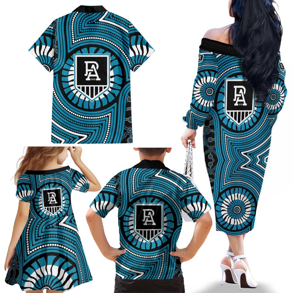 Port Adelaide Football Club Family Matching Off The Shoulder Long Sleeve Dress and Hawaiian Shirt Indigenous Monochrome Dot Art Mascot Style