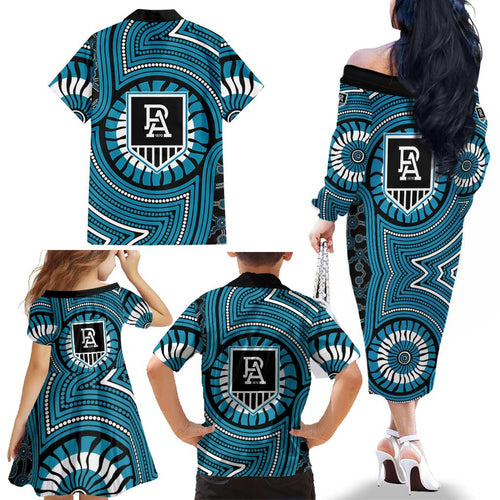 Port Adelaide Football Club Family Matching Off The Shoulder Long Sleeve Dress and Hawaiian Shirt Indigenous Monochrome Dot Art Mascot Style