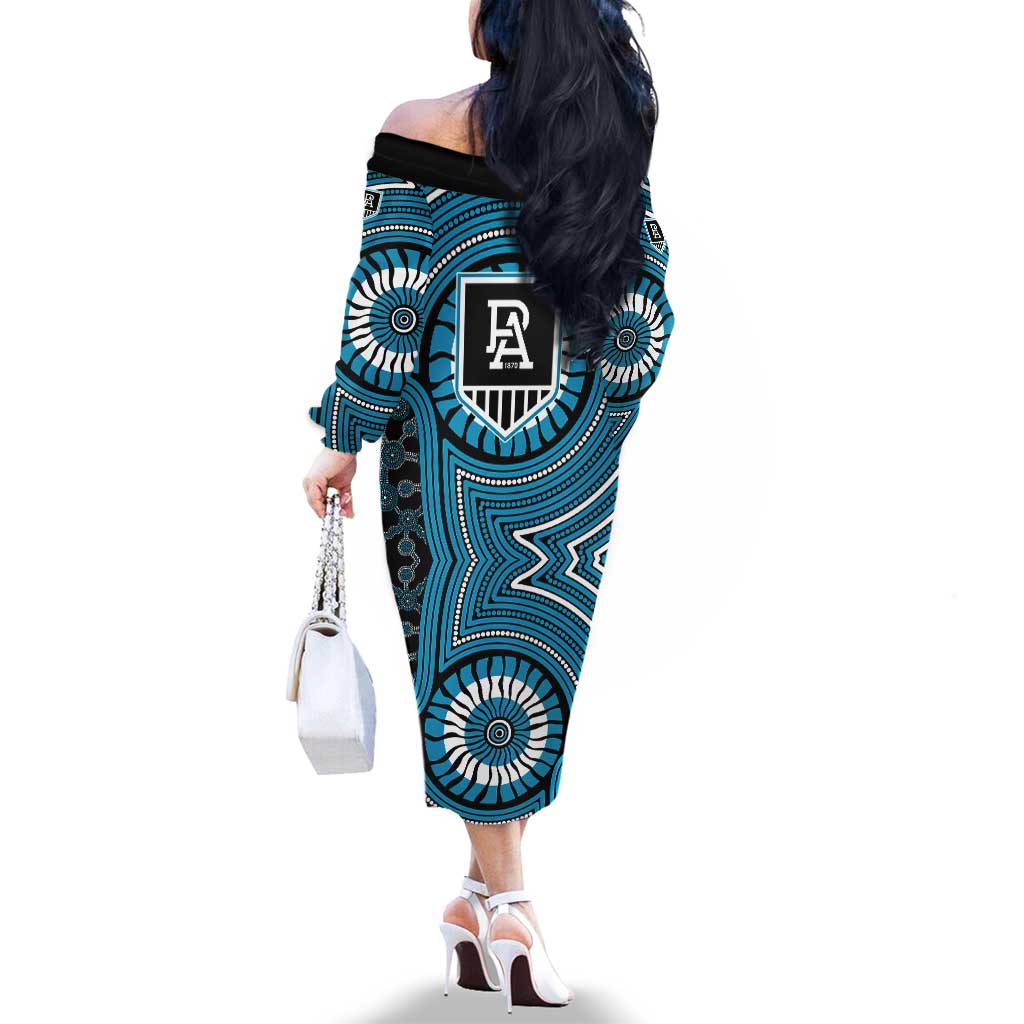 Port Adelaide Football Club Family Matching Off The Shoulder Long Sleeve Dress and Hawaiian Shirt Indigenous Monochrome Dot Art Mascot Style