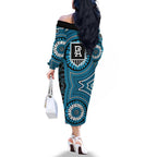 Port Adelaide Football Club Family Matching Off The Shoulder Long Sleeve Dress and Hawaiian Shirt Indigenous Monochrome Dot Art Mascot Style