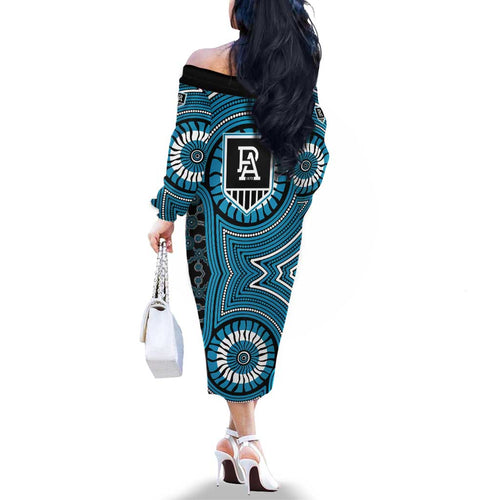 Port Adelaide Football Club Family Matching Off The Shoulder Long Sleeve Dress and Hawaiian Shirt Indigenous Monochrome Dot Art Mascot Style