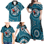 Port Adelaide Football Club Family Matching Off Shoulder Maxi Dress and Hawaiian Shirt Indigenous Monochrome Dot Art Mascot Style