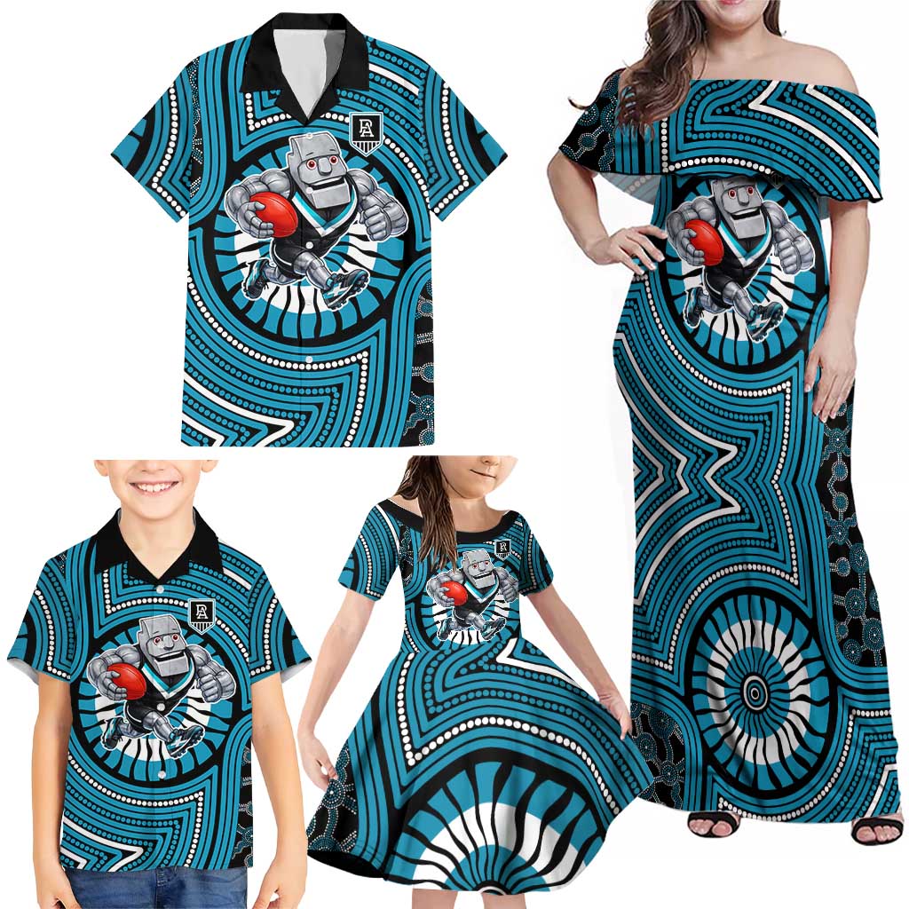 Port Adelaide Football Club Family Matching Off Shoulder Maxi Dress and Hawaiian Shirt Indigenous Monochrome Dot Art Mascot Style