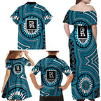 Port Adelaide Football Club Family Matching Off Shoulder Maxi Dress and Hawaiian Shirt Indigenous Monochrome Dot Art Mascot Style