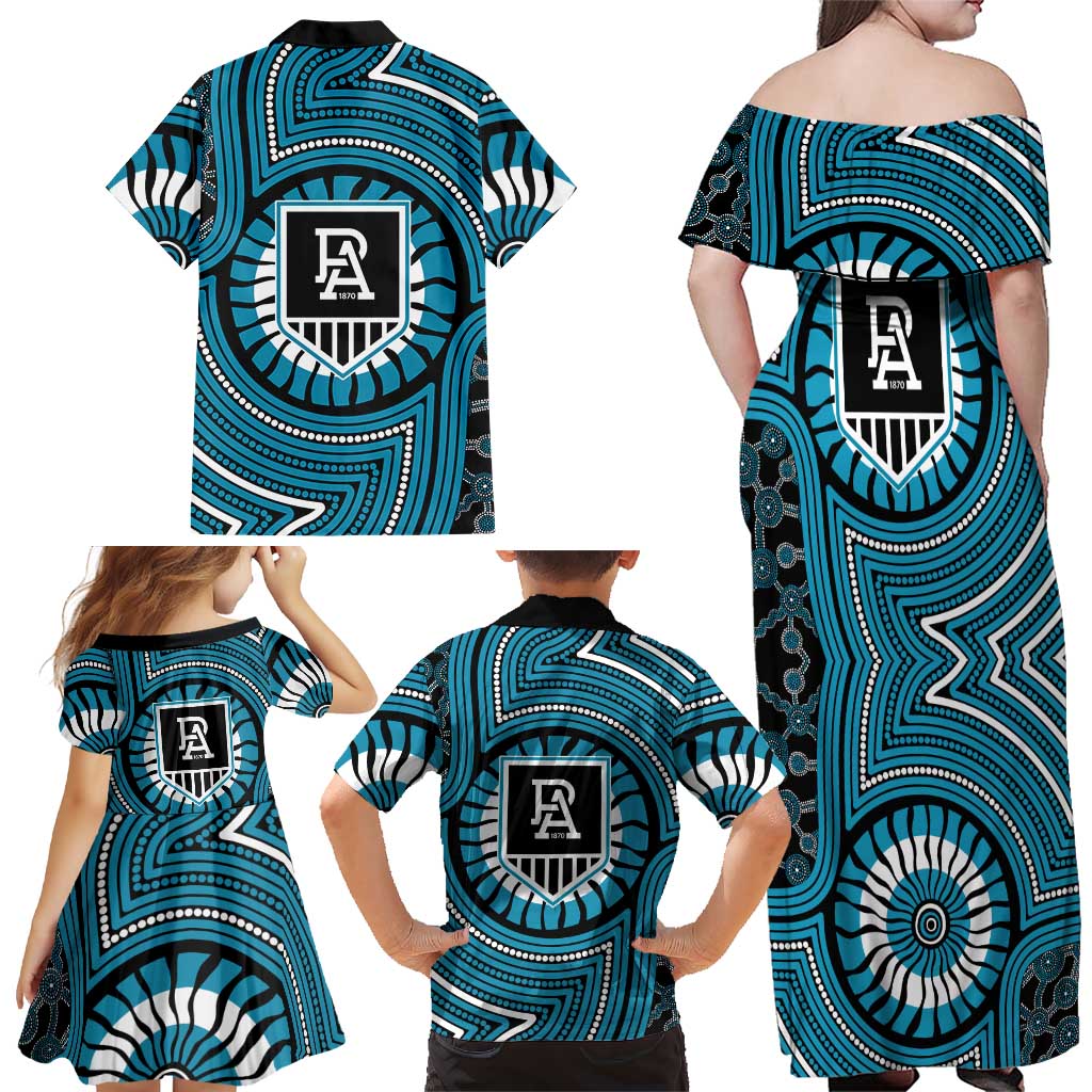 Port Adelaide Football Club Family Matching Off Shoulder Maxi Dress and Hawaiian Shirt Indigenous Monochrome Dot Art Mascot Style