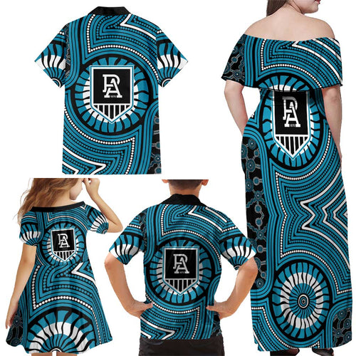 Port Adelaide Football Club Family Matching Off Shoulder Maxi Dress and Hawaiian Shirt Indigenous Monochrome Dot Art Mascot Style