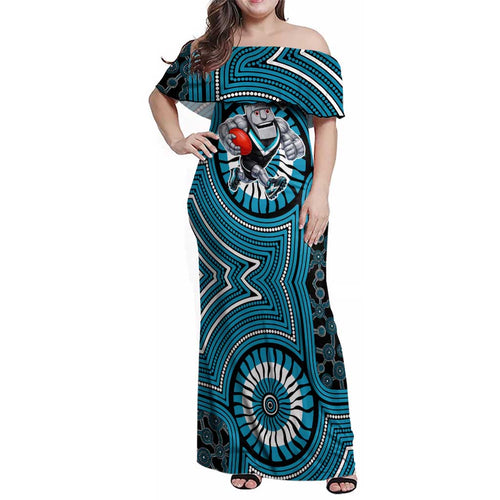 Port Adelaide Football Club Family Matching Off Shoulder Maxi Dress and Hawaiian Shirt Indigenous Monochrome Dot Art Mascot Style