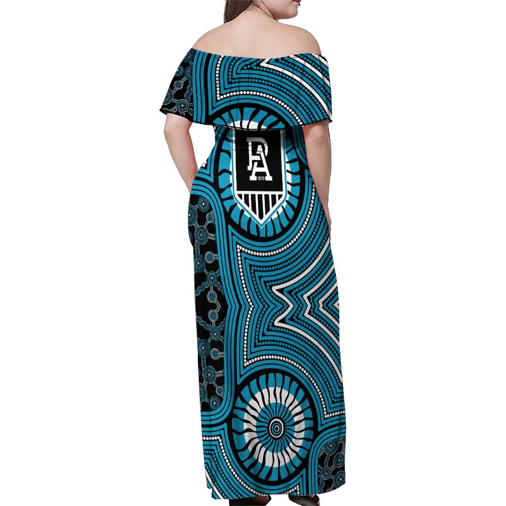 Port Adelaide Football Club Family Matching Off Shoulder Maxi Dress and Hawaiian Shirt Indigenous Monochrome Dot Art Mascot Style
