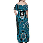 Port Adelaide Football Club Family Matching Off Shoulder Maxi Dress and Hawaiian Shirt Indigenous Monochrome Dot Art Mascot Style