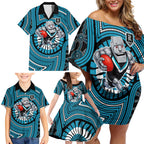 Port Adelaide Football Club Family Matching Off Shoulder Short Dress and Hawaiian Shirt Indigenous Monochrome Dot Art Mascot Style