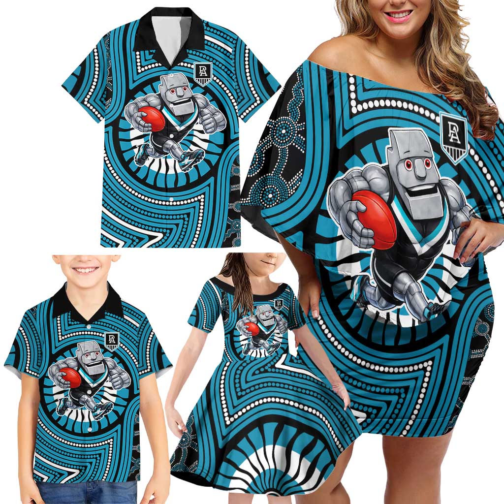 Port Adelaide Football Club Family Matching Off Shoulder Short Dress and Hawaiian Shirt Indigenous Monochrome Dot Art Mascot Style