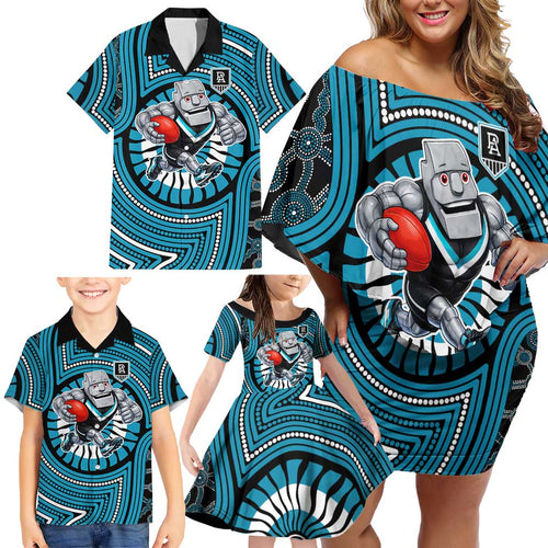 Port Adelaide Football Club Family Matching Off Shoulder Short Dress and Hawaiian Shirt Indigenous Monochrome Dot Art Mascot Style