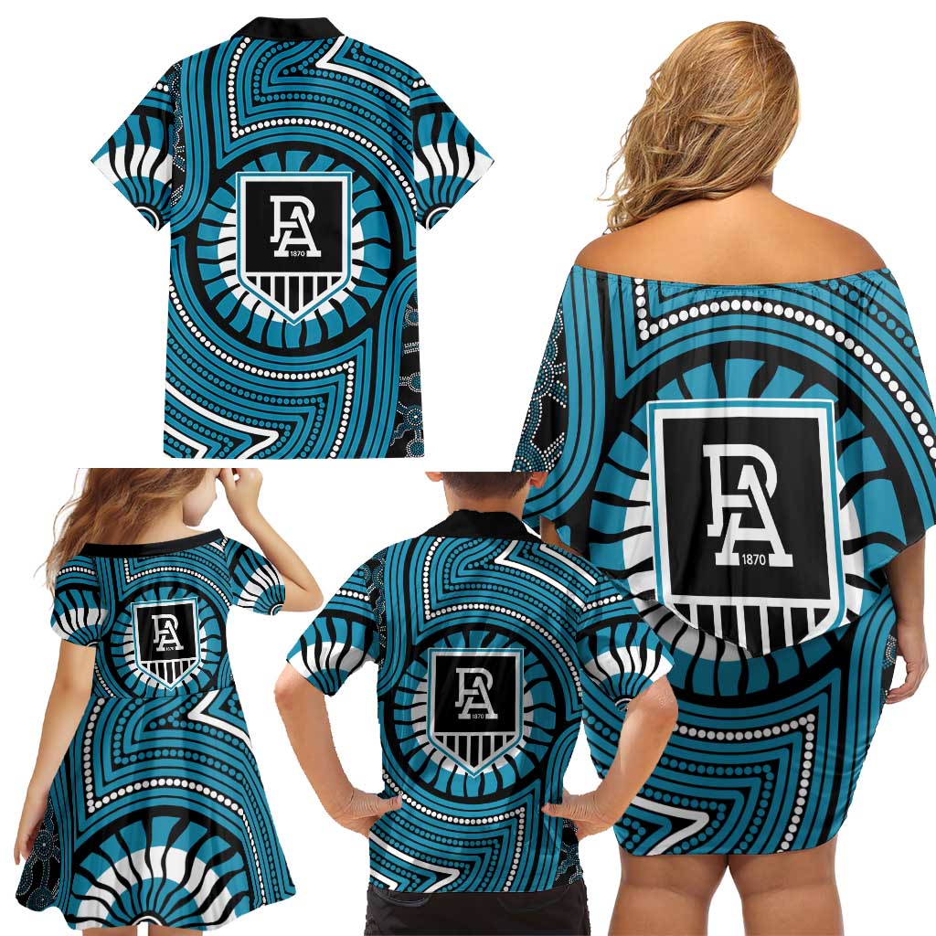 Port Adelaide Football Club Family Matching Off Shoulder Short Dress and Hawaiian Shirt Indigenous Monochrome Dot Art Mascot Style