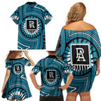 Port Adelaide Football Club Family Matching Off Shoulder Short Dress and Hawaiian Shirt Indigenous Monochrome Dot Art Mascot Style